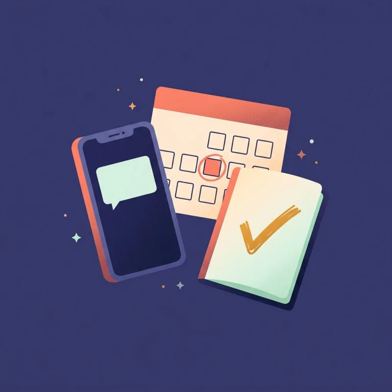 Illustration: a phone with a message, a calendar with one day circled, and a notebook with a check mark