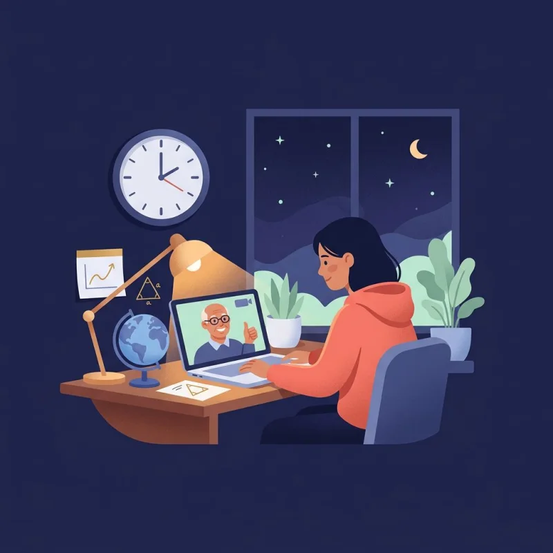 Illustration: a student on a video call with her tutor at night, a globe and a clock on the desk